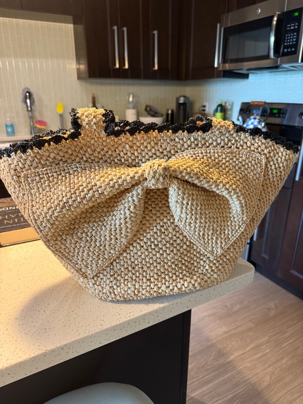 Kate Spade x Target Woven Straw Tote with Bow Accent in Beige and Black Trim